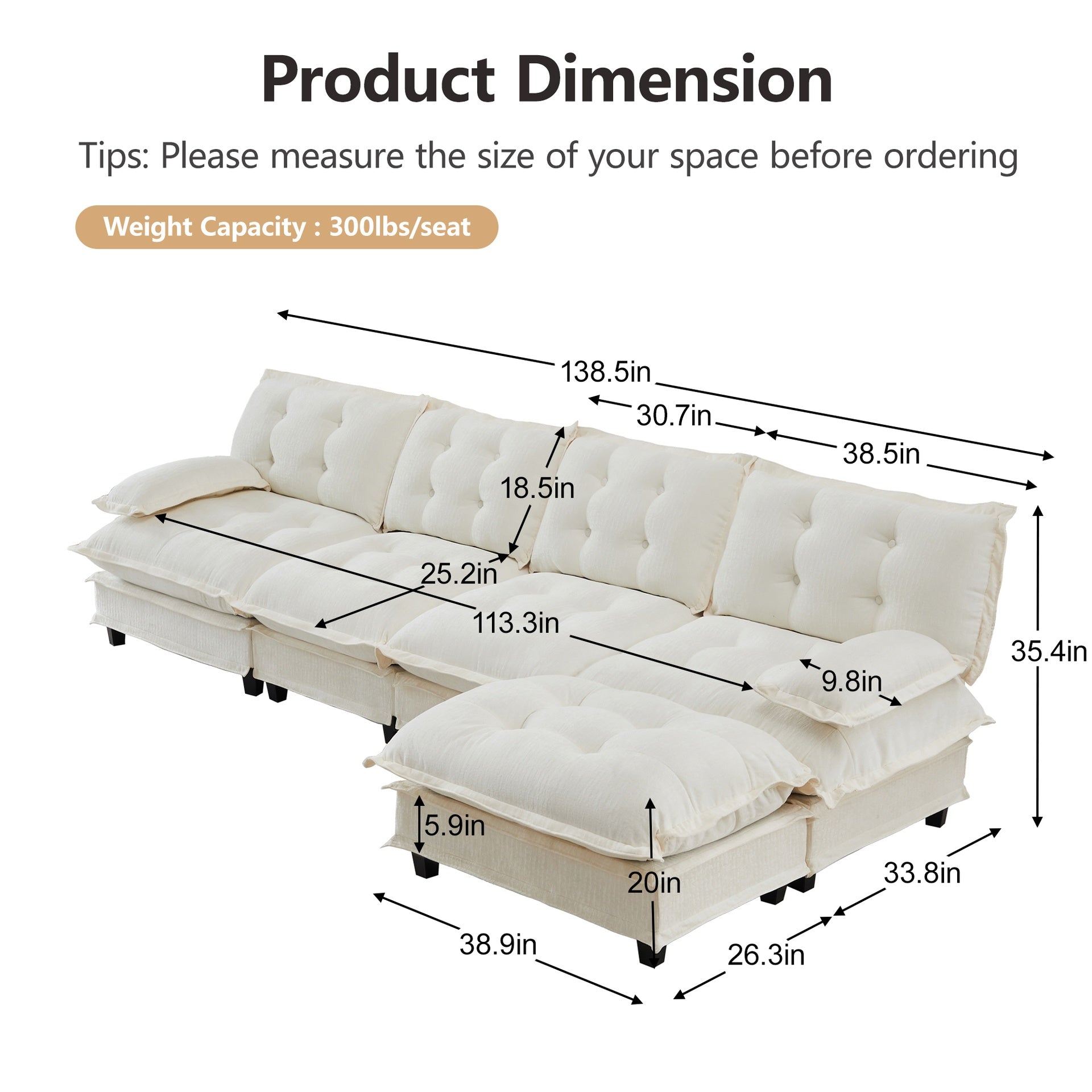 138" L Shaped Modern Sofa Modular Sectional Cloud Couch with Ottoman, 4-Seat Chenille Deep Seat Sofa with Comfy Lattice Decored Seat Cushion, Bedroom and Apartment, Beige