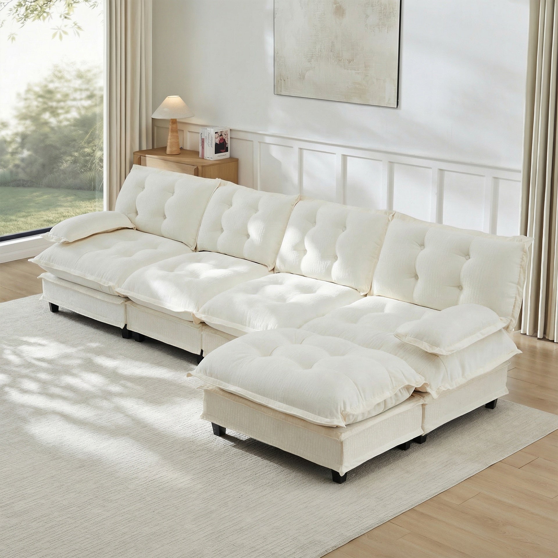 138" L Shaped Modern Sofa Modular Sectional Cloud Couch with Ottoman, 4-Seat Chenille Deep Seat Sofa with Comfy Lattice Decored Seat Cushion, Bedroom and Apartment, Beige