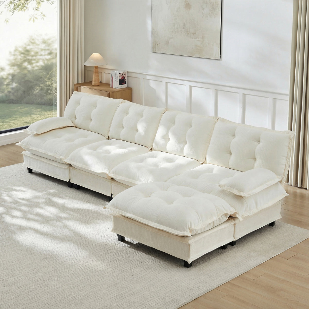 138" L Shaped Modern Sofa Modular Sectional Cloud Couch with Ottoman, 4-Seat Chenille Deep Seat Sofa with Comfy Lattice Decored Seat Cushion, Bedroom and Apartment, Beige