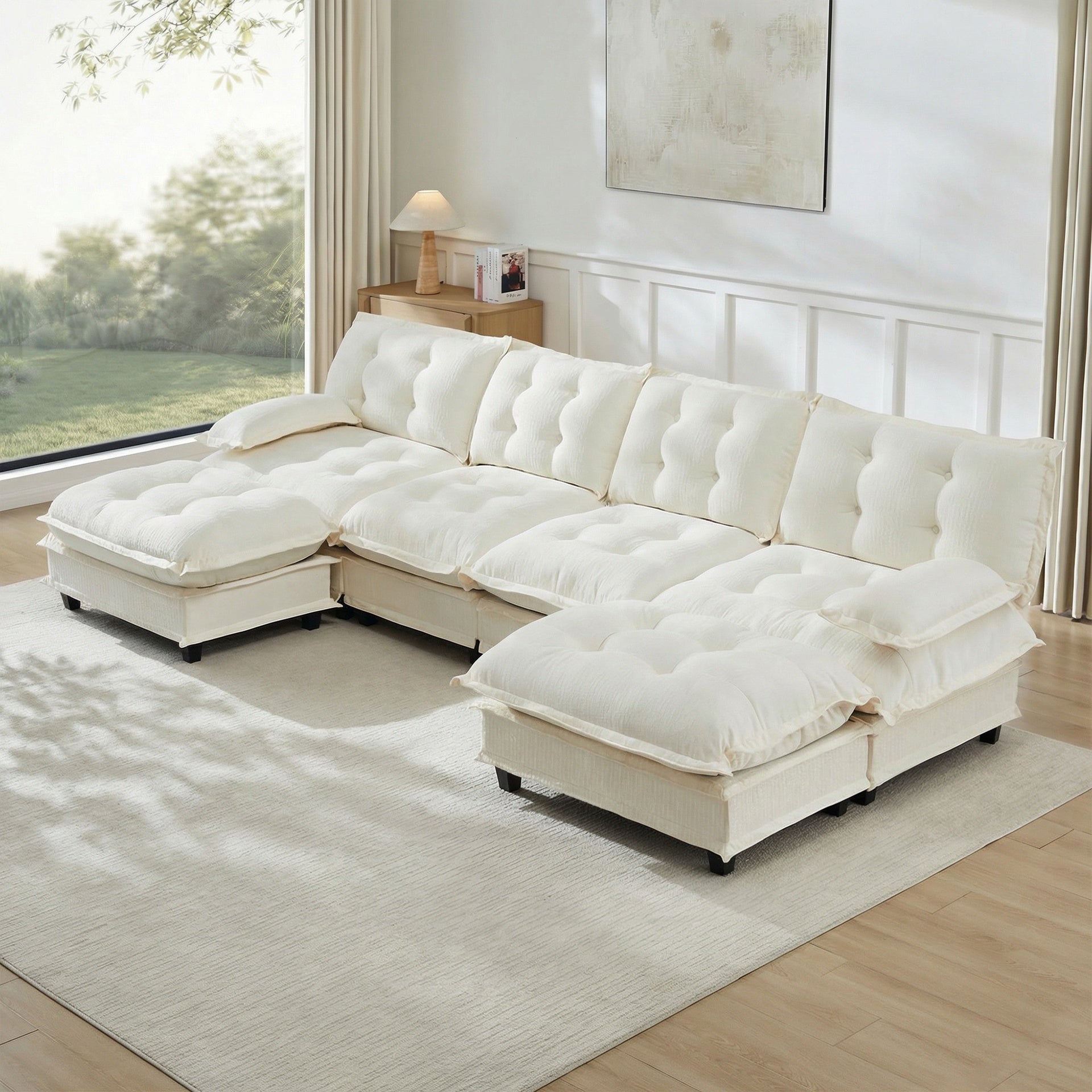 138" U Shaped Modern Sofa Modular Sectional Cloud Couch with  2 Ottomans, 4-Seat Chenille Deep Seat Sofa with Comfy Lattice Decored Seat Cushion, Bedroom and Apartment, Beige