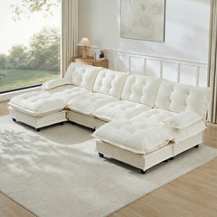 138" U Shaped Modern Sofa Modular Sectional Cloud Couch with  2 Ottomans, 4-Seat Chenille Deep Seat Sofa with Comfy Lattice Decored Seat Cushion, Bedroom and Apartment, Beige