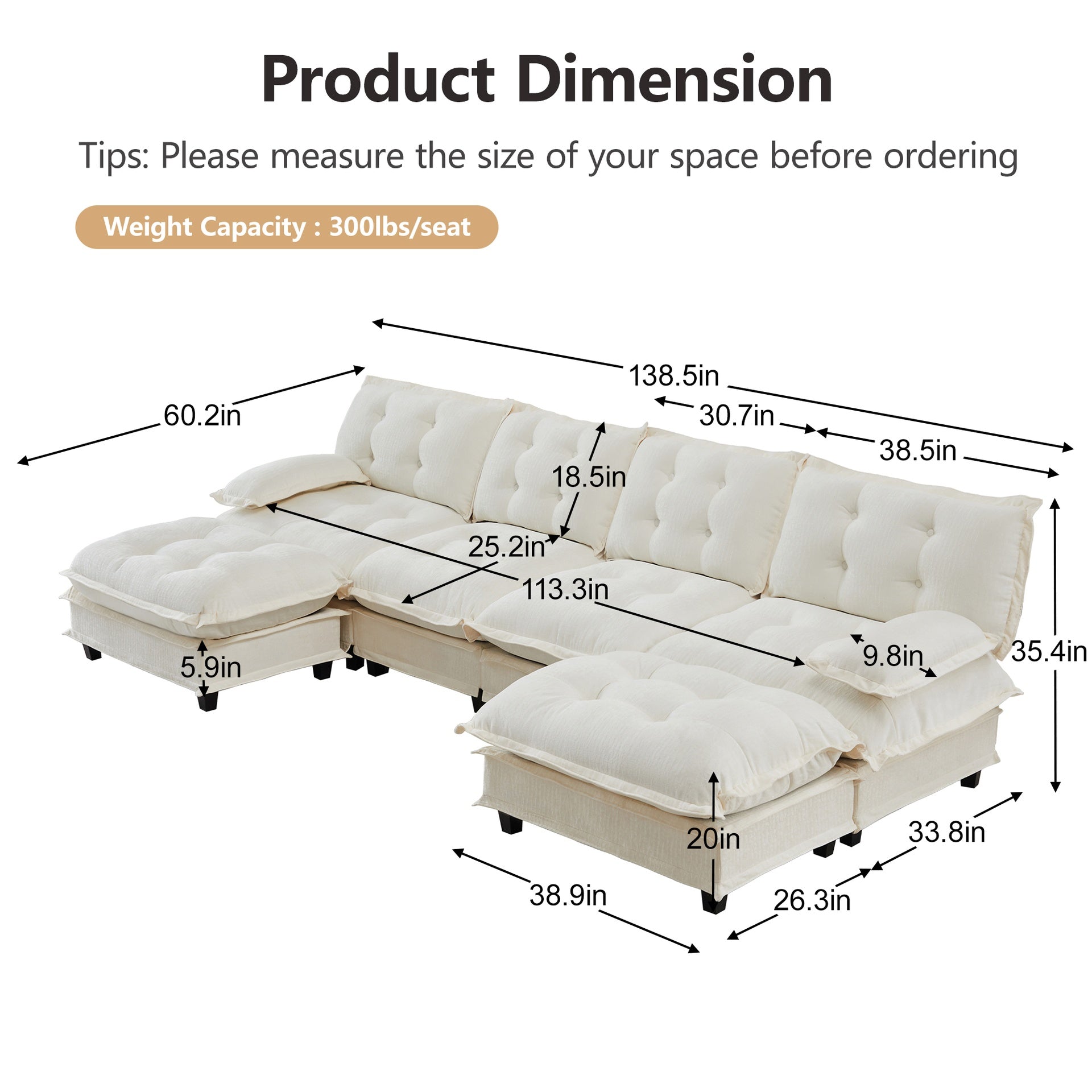 138" U Shaped Modern Sofa Modular Sectional Cloud Couch with  2 Ottomans, 4-Seat Chenille Deep Seat Sofa with Comfy Lattice Decored Seat Cushion, Bedroom and Apartment, Beige