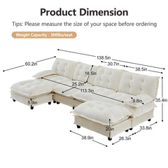 138" U Shaped Modern Sofa Modular Sectional Cloud Couch with  2 Ottomans, 4-Seat Chenille Deep Seat Sofa with Comfy Lattice Decored Seat Cushion, Bedroom and Apartment, Beige