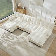 138" U Shaped Modern Sofa Modular Sectional Cloud Couch with  2 Ottomans, 4-Seat Chenille Deep Seat Sofa with Comfy Lattice Decored Seat Cushion, Bedroom and Apartment, Beige