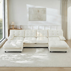 138" U Shaped Modern Sofa Modular Sectional Cloud Couch with  2 Ottomans, 4-Seat Chenille Deep Seat Sofa with Comfy Lattice Decored Seat Cushion, Bedroom and Apartment, Beige