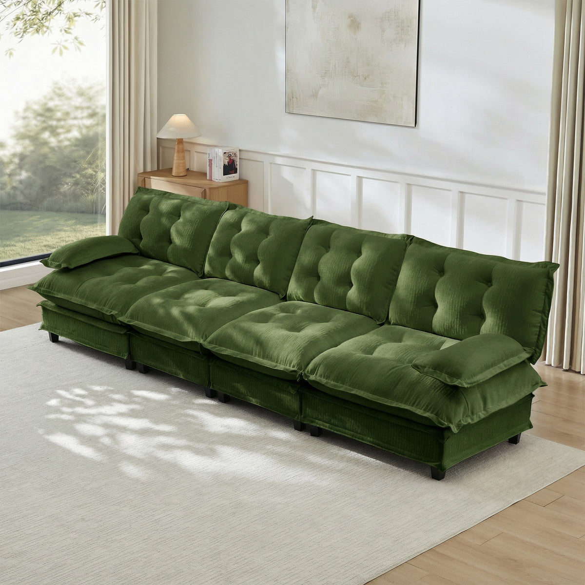 138" 4-Seater Cloud Sofa, Modular Sectional Couch, Modern Deep Seat Sofa for Living Room, Comfy Lattice Decored Seat Cushion, Breathable Chenille Fabric, Green