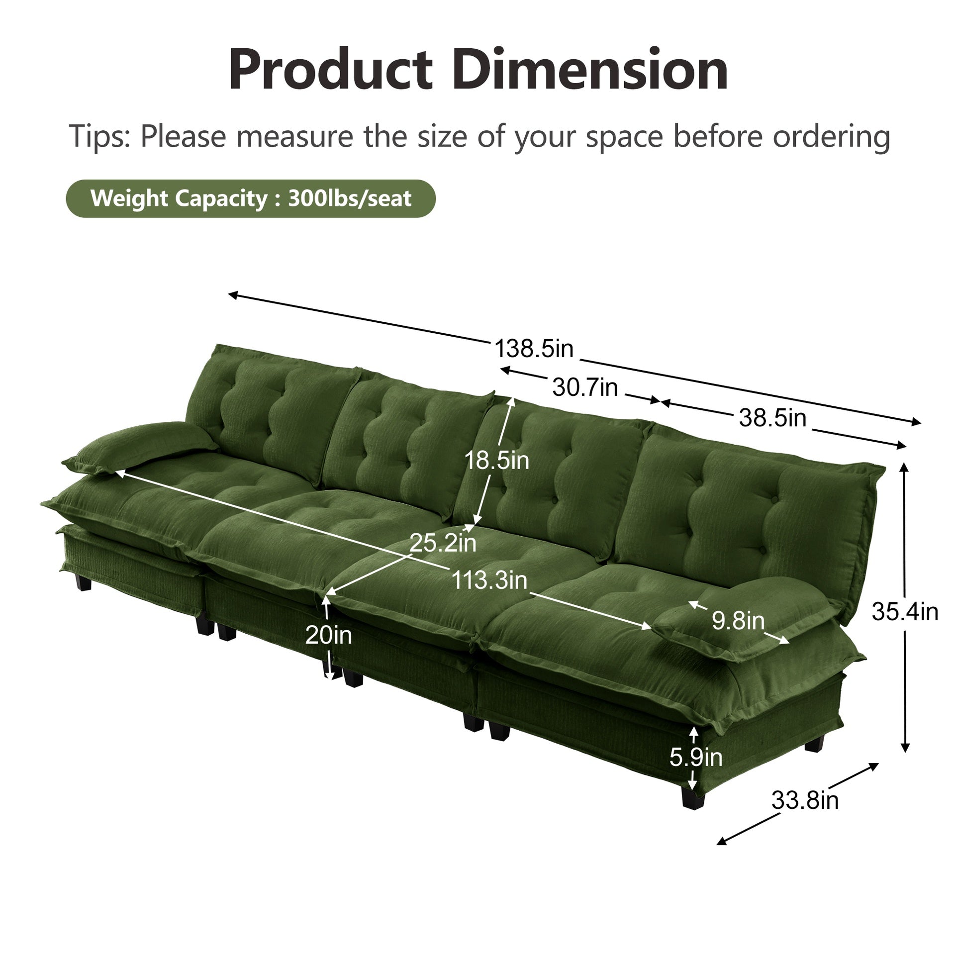 138" 4-Seater Cloud Sofa, Modular Sectional Couch, Modern Deep Seat Sofa for Living Room, Comfy Lattice Decored Seat Cushion, Breathable Chenille Fabric, Green