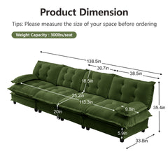 138" 4-Seater Cloud Sofa, Modular Sectional Couch, Modern Deep Seat Sofa for Living Room, Comfy Lattice Decored Seat Cushion, Breathable Chenille Fabric, Green