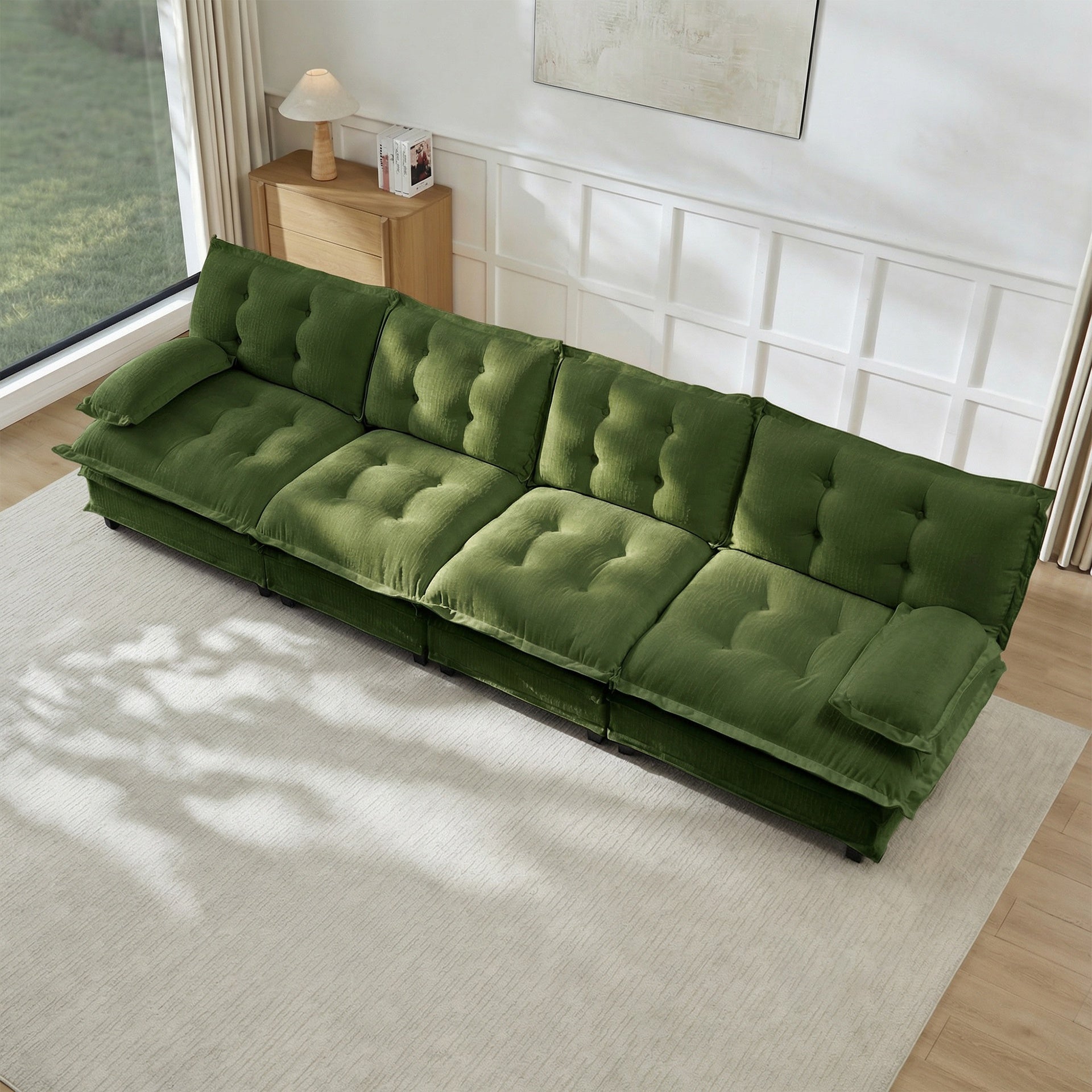138" 4-Seater Cloud Sofa, Modular Sectional Couch, Modern Deep Seat Sofa for Living Room, Comfy Lattice Decored Seat Cushion, Breathable Chenille Fabric, Green
