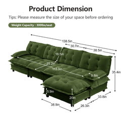 138" L Shaped Modern Sofa Modular Sectional Cloud Couch with Ottoman, 4-Seat Chenille Deep Seat Sofa with Comfy Lattice Decored Seat Cushion, Bedroom and Apartment, Green