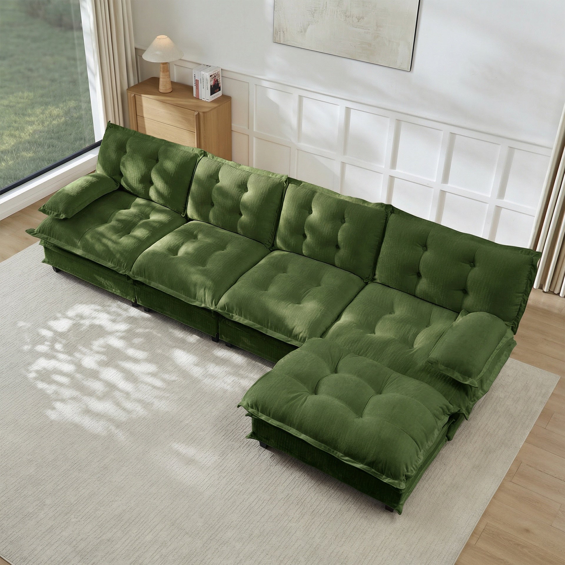 138" L Shaped Modern Sofa Modular Sectional Cloud Couch with Ottoman, 4-Seat Chenille Deep Seat Sofa with Comfy Lattice Decored Seat Cushion, Bedroom and Apartment, Green