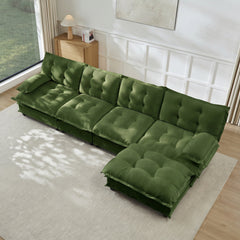 138" L Shaped Modern Sofa Modular Sectional Cloud Couch with Ottoman, 4-Seat Chenille Deep Seat Sofa with Comfy Lattice Decored Seat Cushion, Bedroom and Apartment, Green