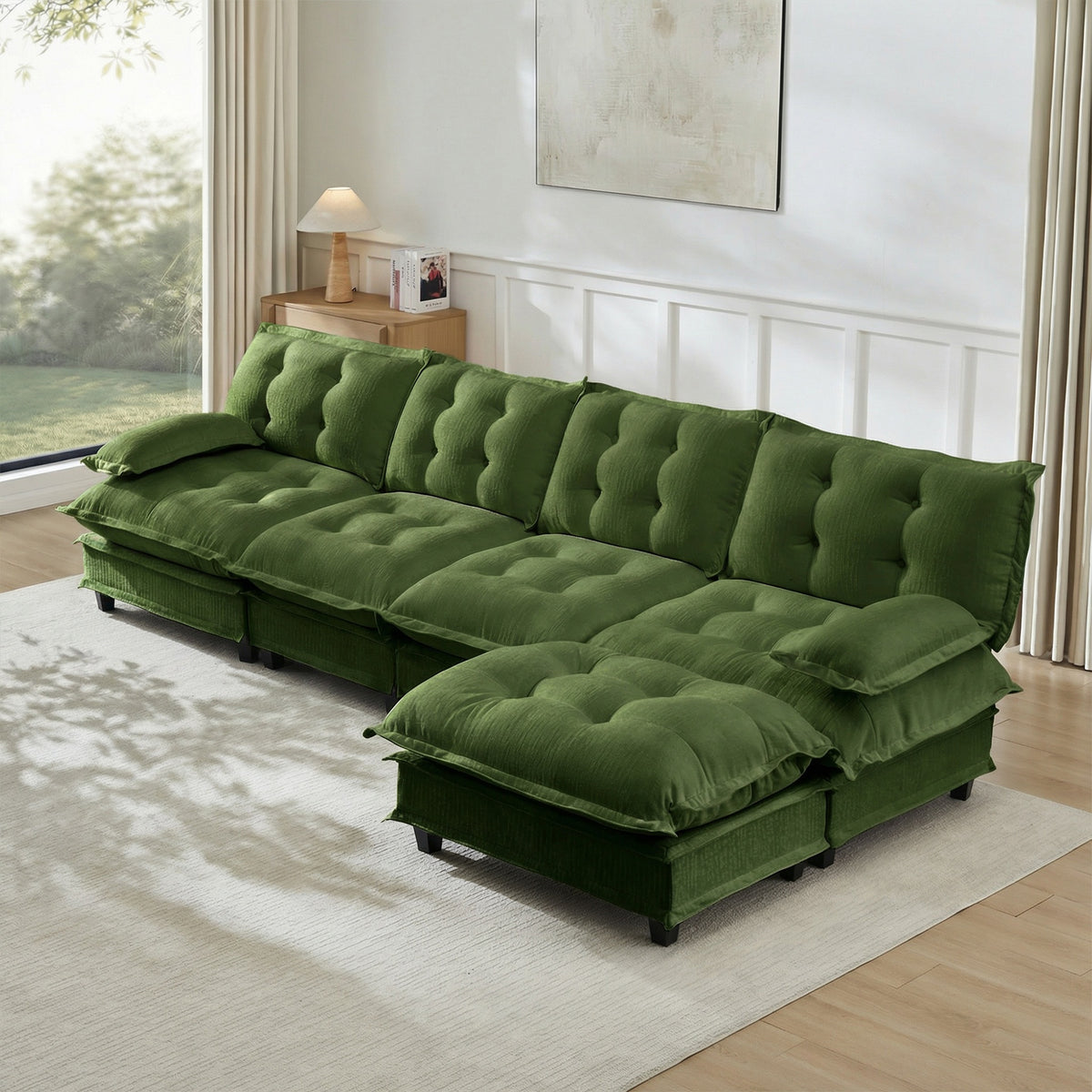138" L Shaped Modern Sofa Modular Sectional Cloud Couch with Ottoman, 4-Seat Chenille Deep Seat Sofa with Comfy Lattice Decored Seat Cushion, Bedroom and Apartment, Green