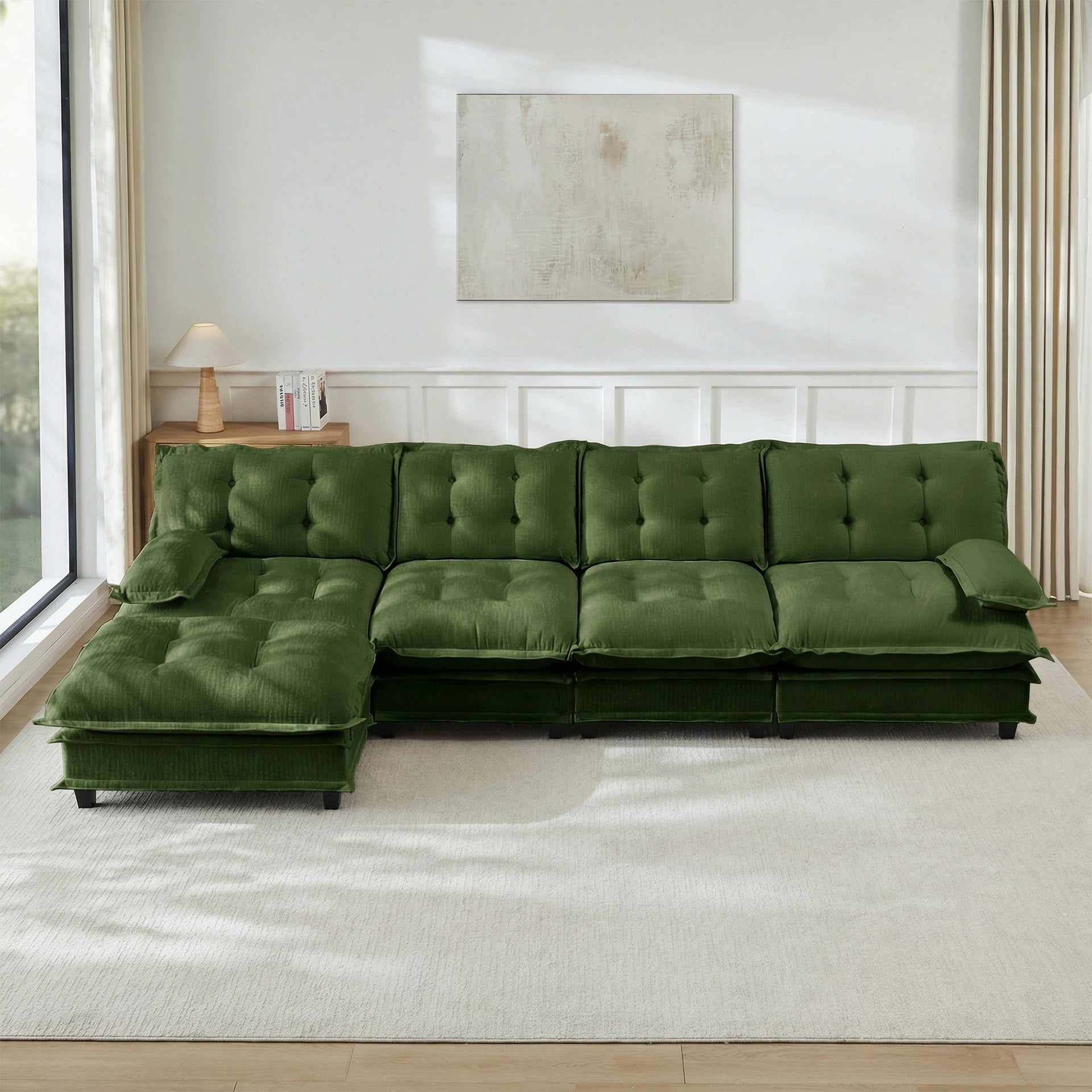 138" L Shaped Modern Sofa Modular Sectional Cloud Couch with Ottoman, 4-Seat Chenille Deep Seat Sofa with Comfy Lattice Decored Seat Cushion, Bedroom and Apartment, Green