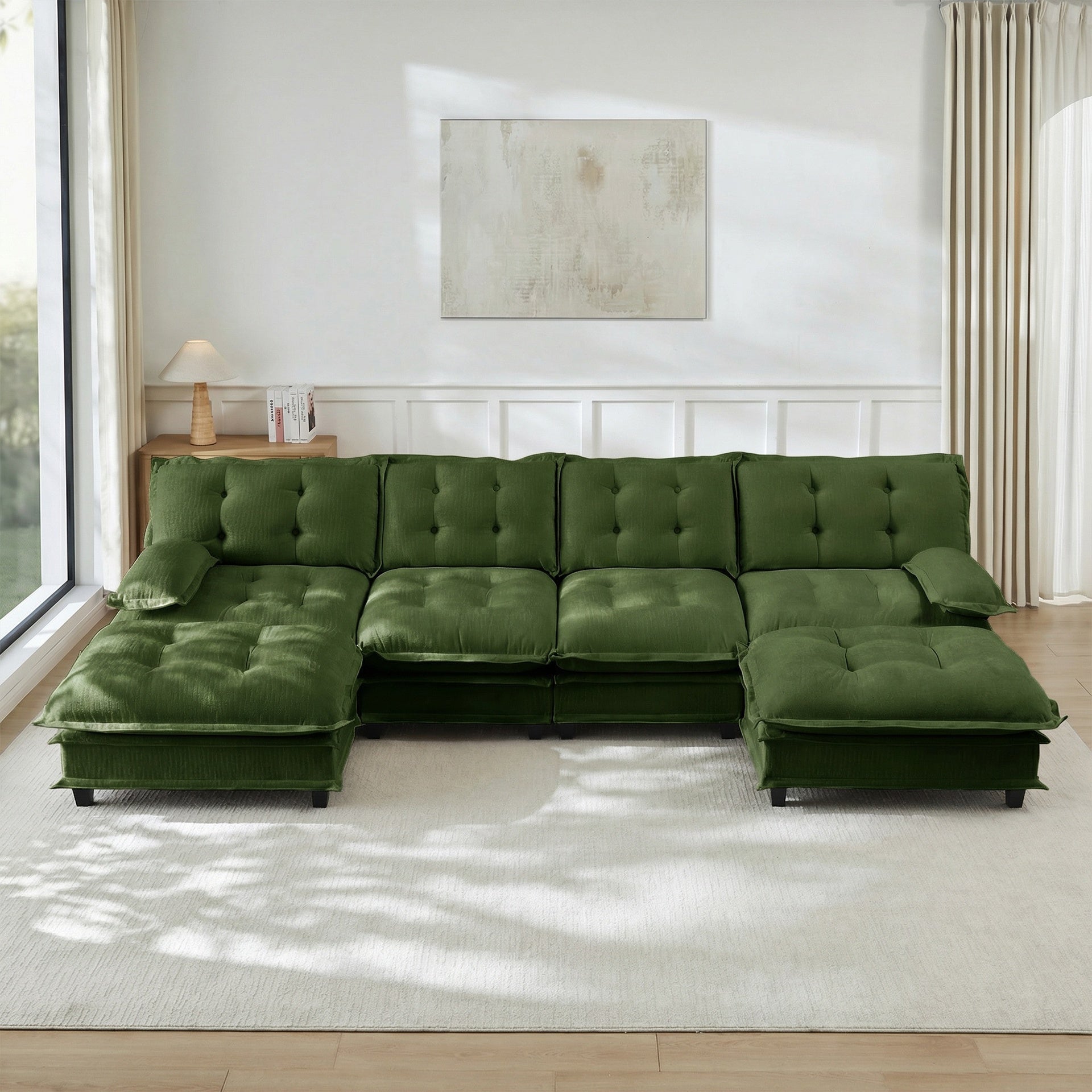 138" U Shaped Modern Sofa Modular Sectional Cloud Couch with  2 Ottomans, 4-Seat Chenille Deep Seat Sofa with Comfy Lattice Decored Seat Cushion, Bedroom and Apartment, Green