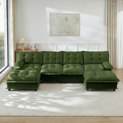 138" U Shaped Modern Sofa Modular Sectional Cloud Couch with  2 Ottomans, 4-Seat Chenille Deep Seat Sofa with Comfy Lattice Decored Seat Cushion, Bedroom and Apartment, Green