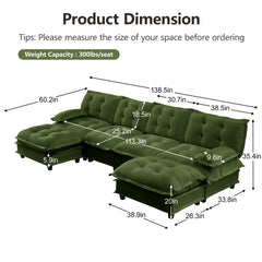 138" U Shaped Modern Sofa Modular Sectional Cloud Couch with  2 Ottomans, 4-Seat Chenille Deep Seat Sofa with Comfy Lattice Decored Seat Cushion, Bedroom and Apartment, Green