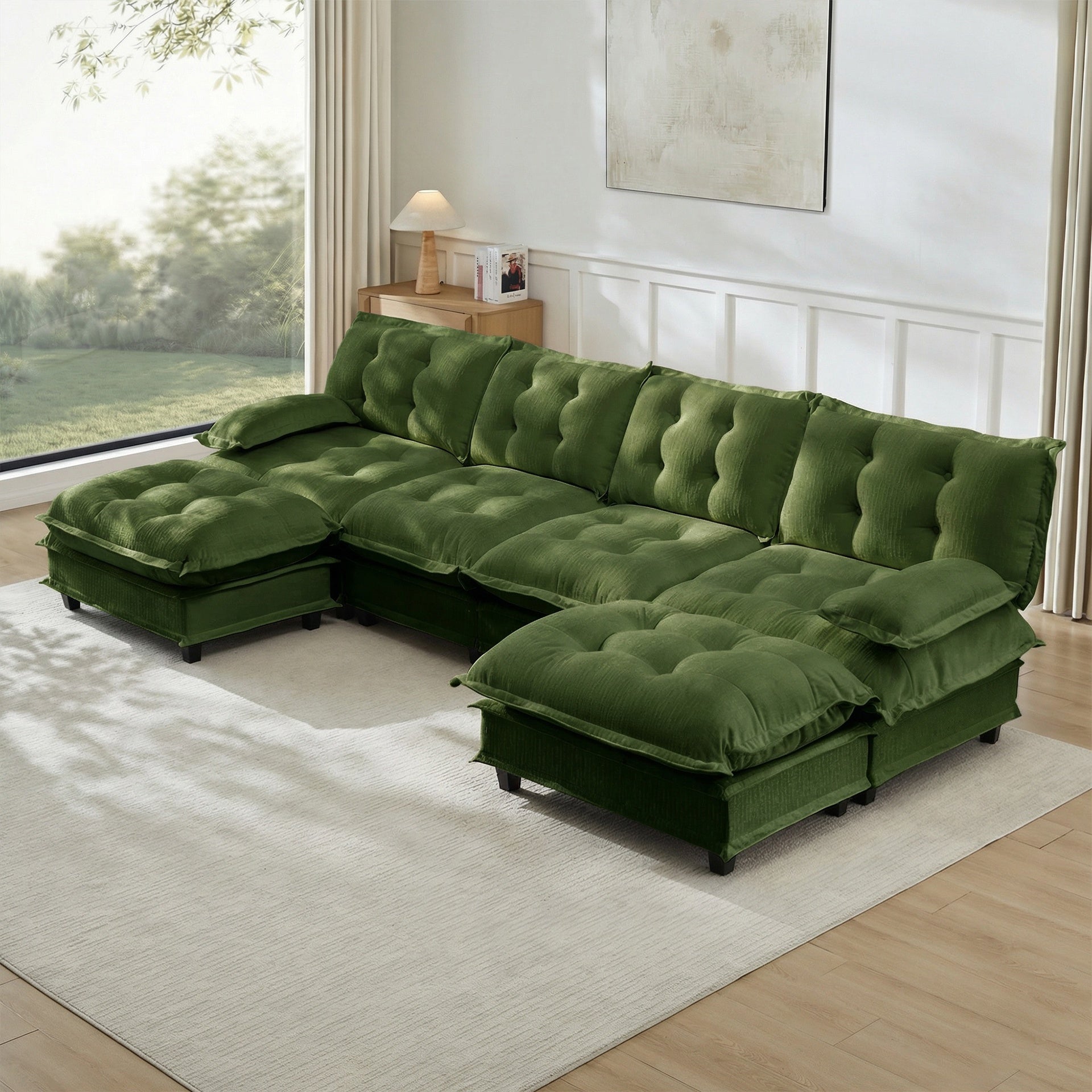 138" U Shaped Modern Sofa Modular Sectional Cloud Couch with  2 Ottomans, 4-Seat Chenille Deep Seat Sofa with Comfy Lattice Decored Seat Cushion, Bedroom and Apartment, Green