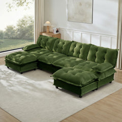 138" U Shaped Modern Sofa Modular Sectional Cloud Couch with  2 Ottomans, 4-Seat Chenille Deep Seat Sofa with Comfy Lattice Decored Seat Cushion, Bedroom and Apartment, Green