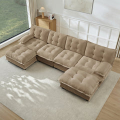 138" U Shaped Modern Sofa Modular Sectional Cloud Couch with  2 Ottomans, 4-Seat Chenille Deep Seat Sofa with Comfy Lattice Decored Seat Cushion, Bedroom and Apartment, Light coffee