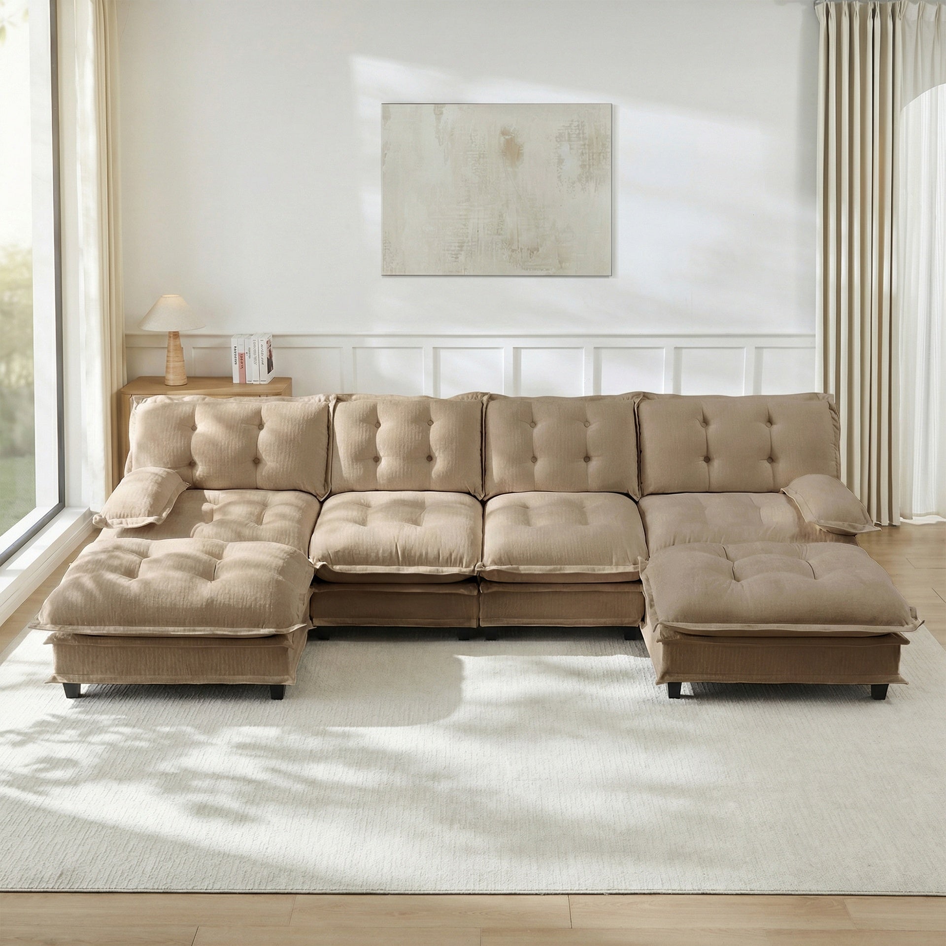 138" U Shaped Modern Sofa Modular Sectional Cloud Couch with  2 Ottomans, 4-Seat Chenille Deep Seat Sofa with Comfy Lattice Decored Seat Cushion, Bedroom and Apartment, Light coffee