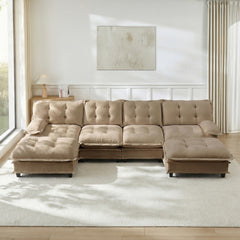 138" U Shaped Modern Sofa Modular Sectional Cloud Couch with  2 Ottomans, 4-Seat Chenille Deep Seat Sofa with Comfy Lattice Decored Seat Cushion, Bedroom and Apartment, Light coffee