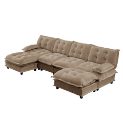 138" U Shaped Modern Sofa Modular Sectional Cloud Couch with  2 Ottomans, 4-Seat Chenille Deep Seat Sofa with Comfy Lattice Decored Seat Cushion, Bedroom and Apartment, Light coffee