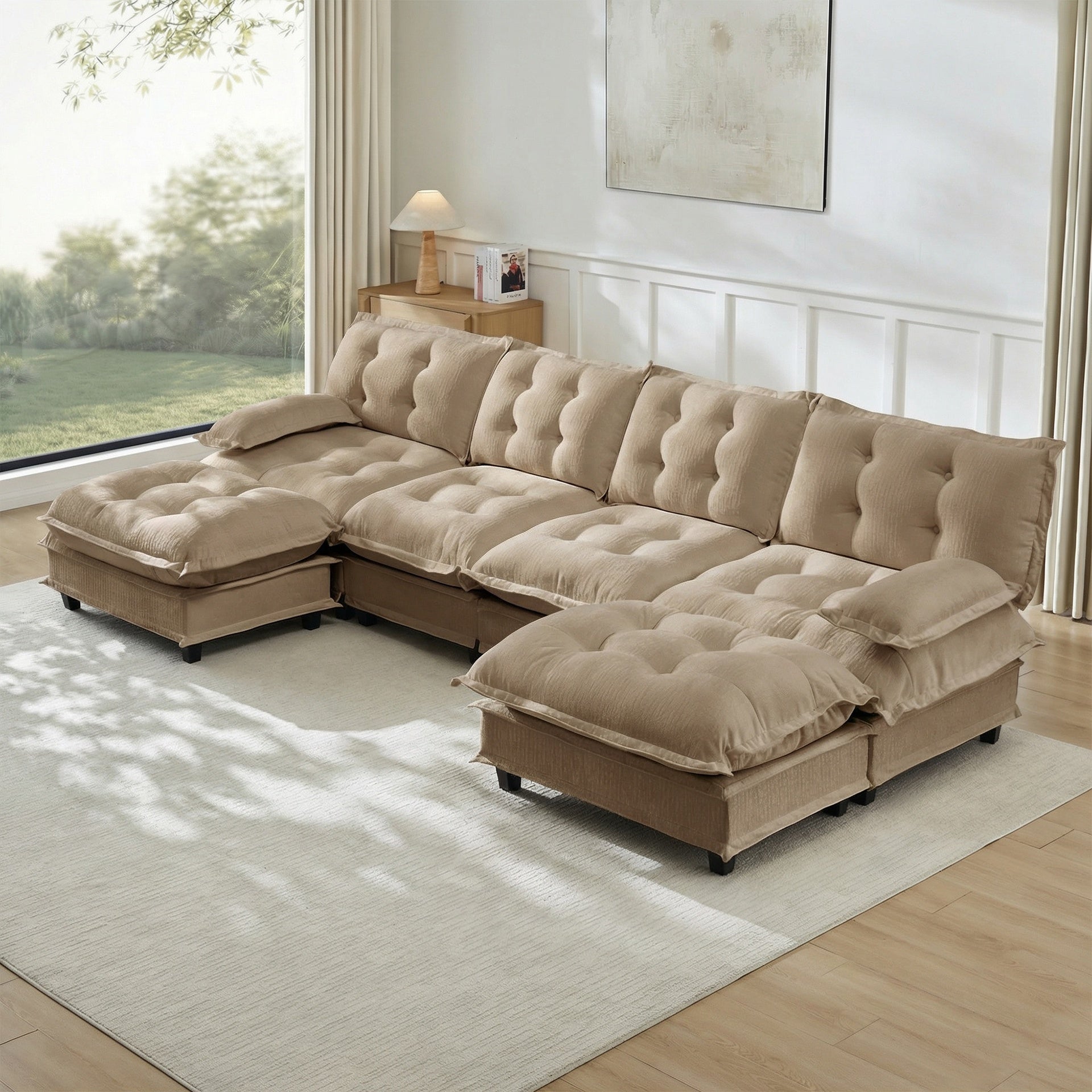 138" U Shaped Modern Sofa Modular Sectional Cloud Couch with  2 Ottomans, 4-Seat Chenille Deep Seat Sofa with Comfy Lattice Decored Seat Cushion, Bedroom and Apartment, Light coffee