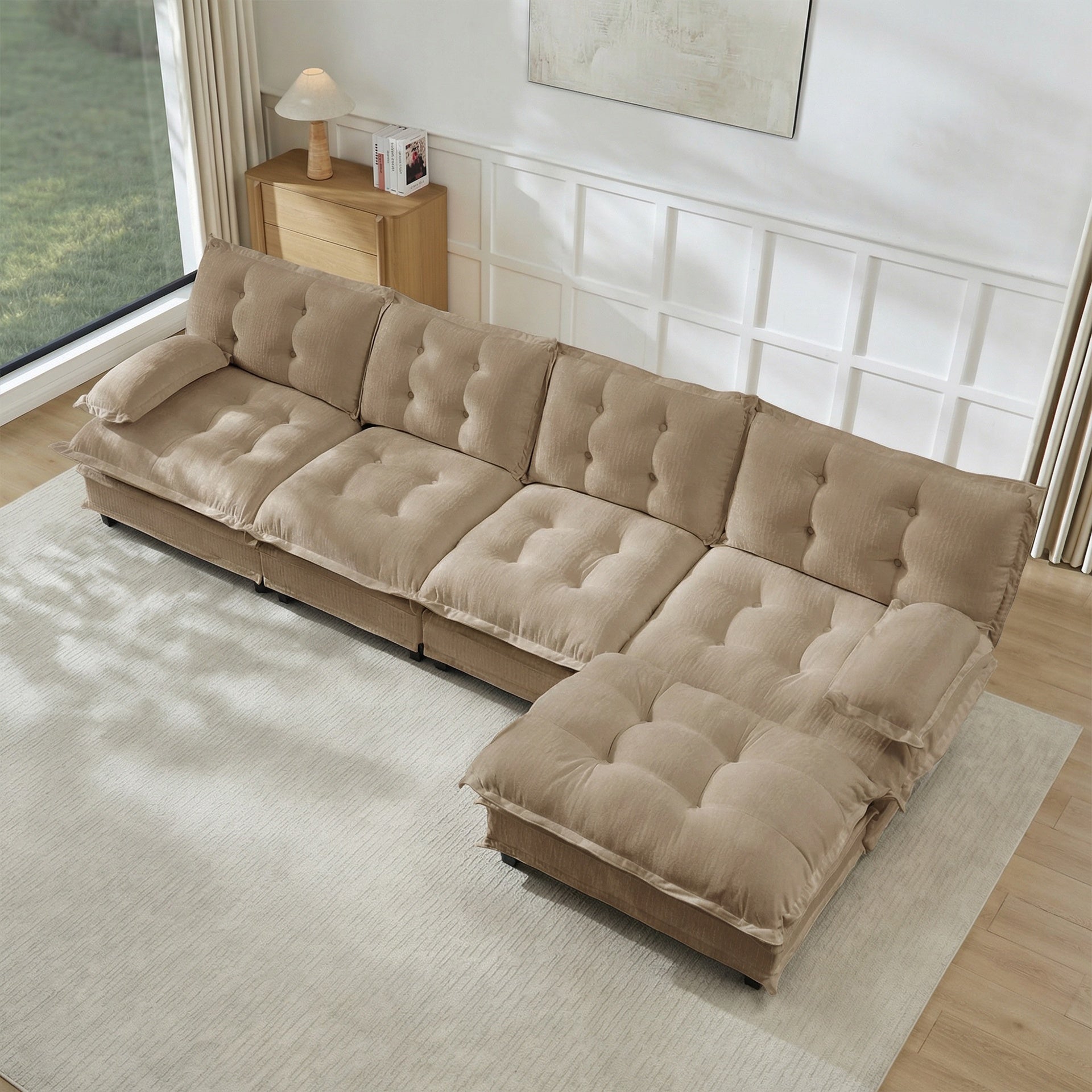 138" L Shaped Modern Sofa Modular Sectional Cloud Couch with Ottoman, 4-Seat Chenille Deep Seat Sofa with Comfy Lattice Decored Seat Cushion, Bedroom and Apartment, Light coffee