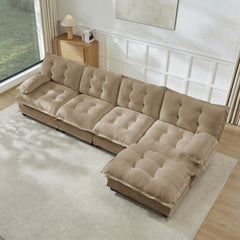 138" L Shaped Modern Sofa Modular Sectional Cloud Couch with Ottoman, 4-Seat Chenille Deep Seat Sofa with Comfy Lattice Decored Seat Cushion, Bedroom and Apartment, Light coffee