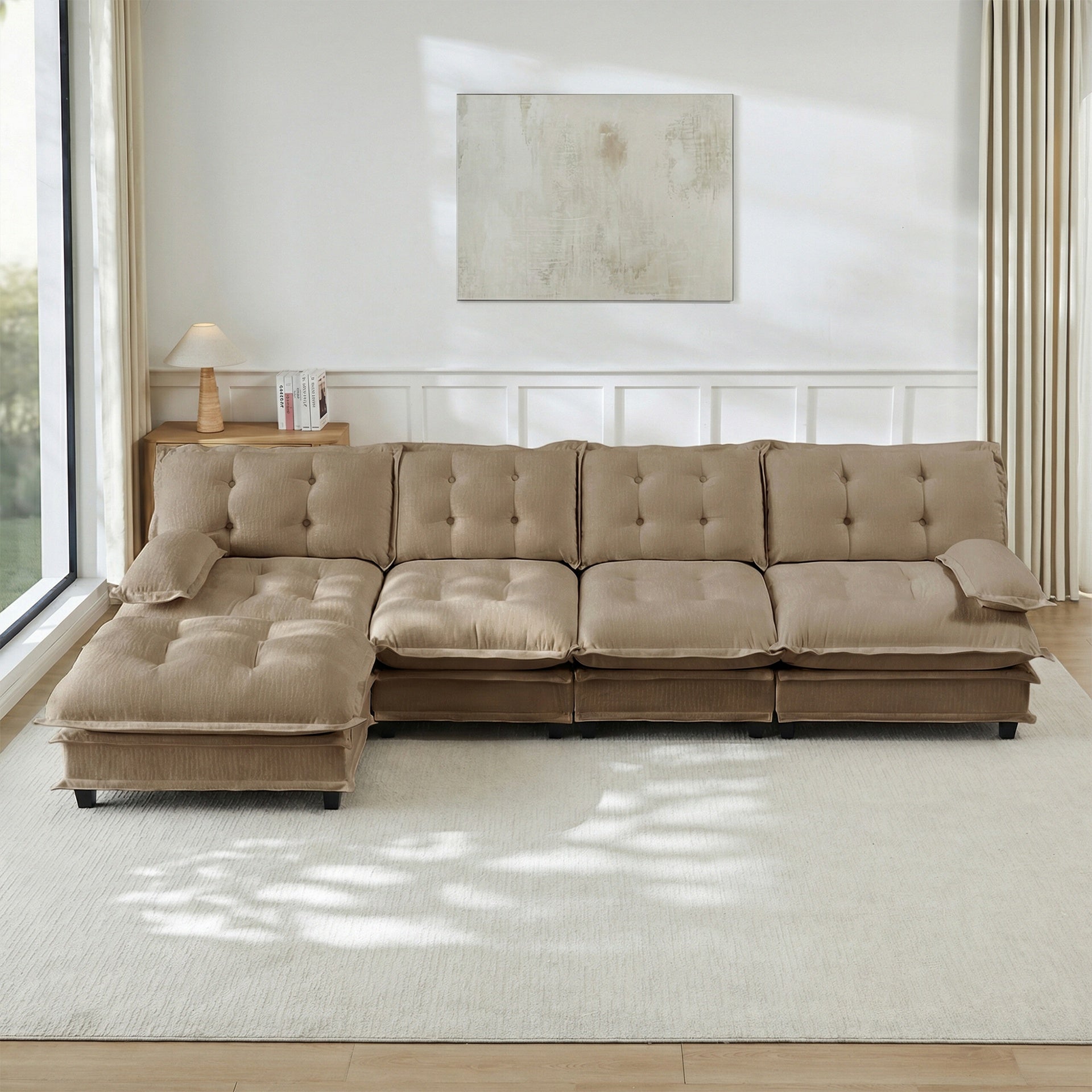 138" L Shaped Modern Sofa Modular Sectional Cloud Couch with Ottoman, 4-Seat Chenille Deep Seat Sofa with Comfy Lattice Decored Seat Cushion, Bedroom and Apartment, Light coffee