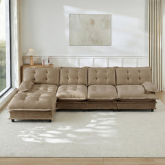 138" L Shaped Modern Sofa Modular Sectional Cloud Couch with Ottoman, 4-Seat Chenille Deep Seat Sofa with Comfy Lattice Decored Seat Cushion, Bedroom and Apartment, Light coffee