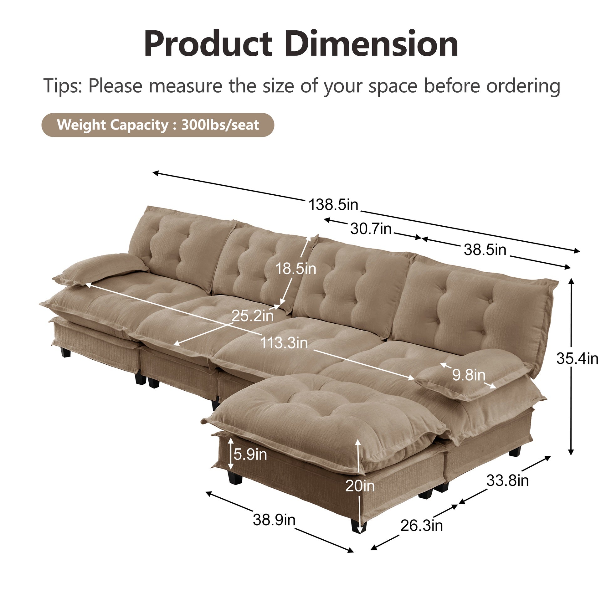 138" L Shaped Modern Sofa Modular Sectional Cloud Couch with Ottoman, 4-Seat Chenille Deep Seat Sofa with Comfy Lattice Decored Seat Cushion, Bedroom and Apartment, Light coffee