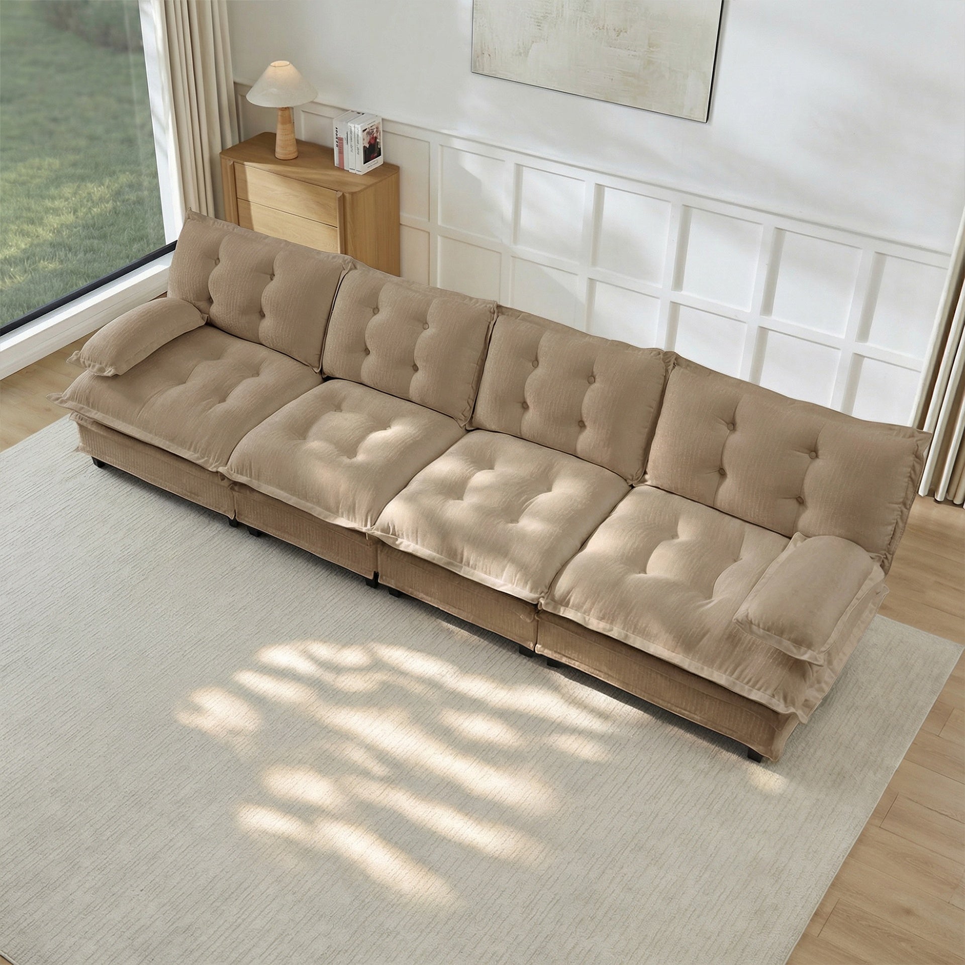 138" 4-Seater Cloud Sofa, Modular Sectional Couch, Modern Deep Seat Sofa for Living Room, Comfy Lattice Decored Seat Cushion, Breathable Chenille Fabric, Light coffee