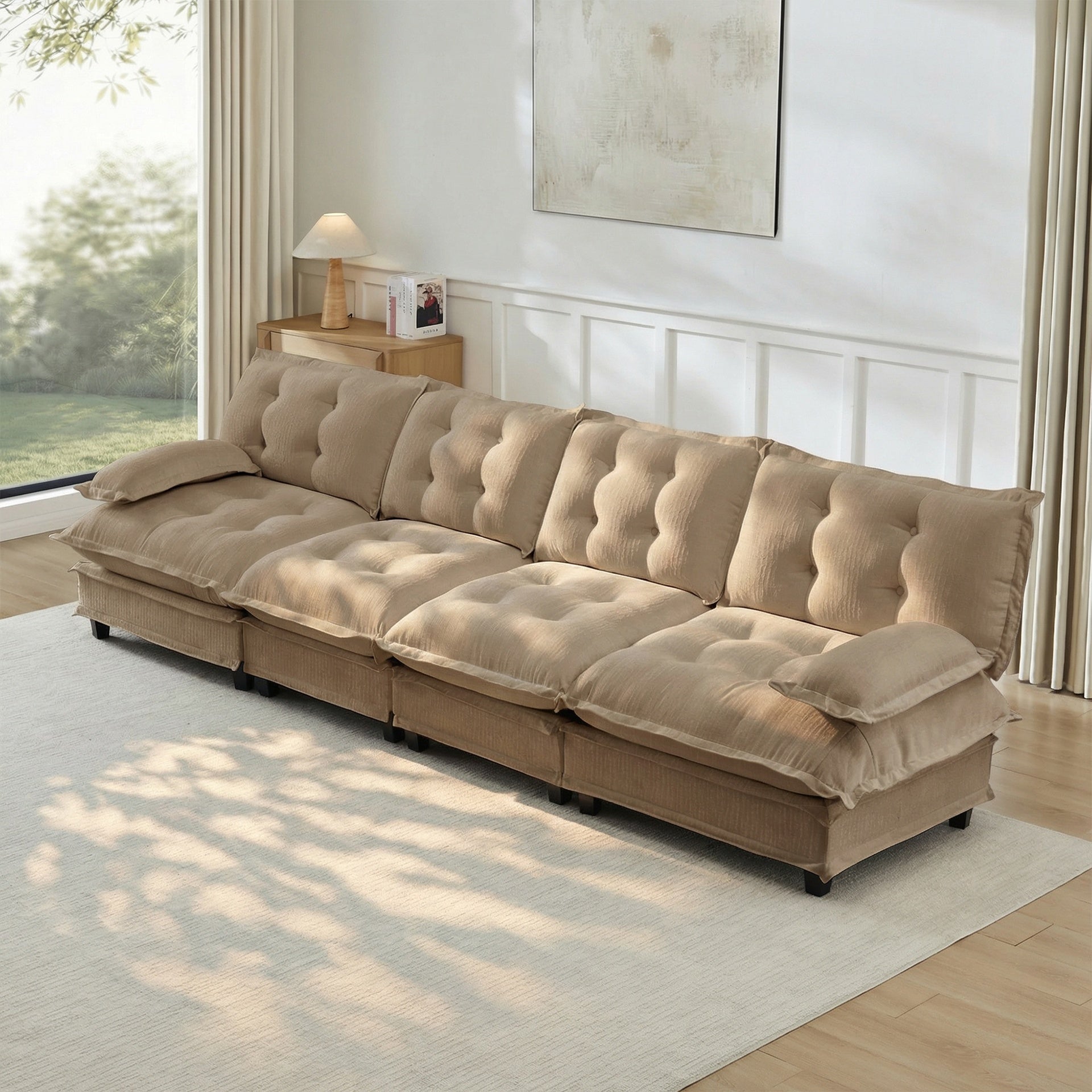138" 4-Seater Cloud Sofa, Modular Sectional Couch, Modern Deep Seat Sofa for Living Room, Comfy Lattice Decored Seat Cushion, Breathable Chenille Fabric, Light coffee