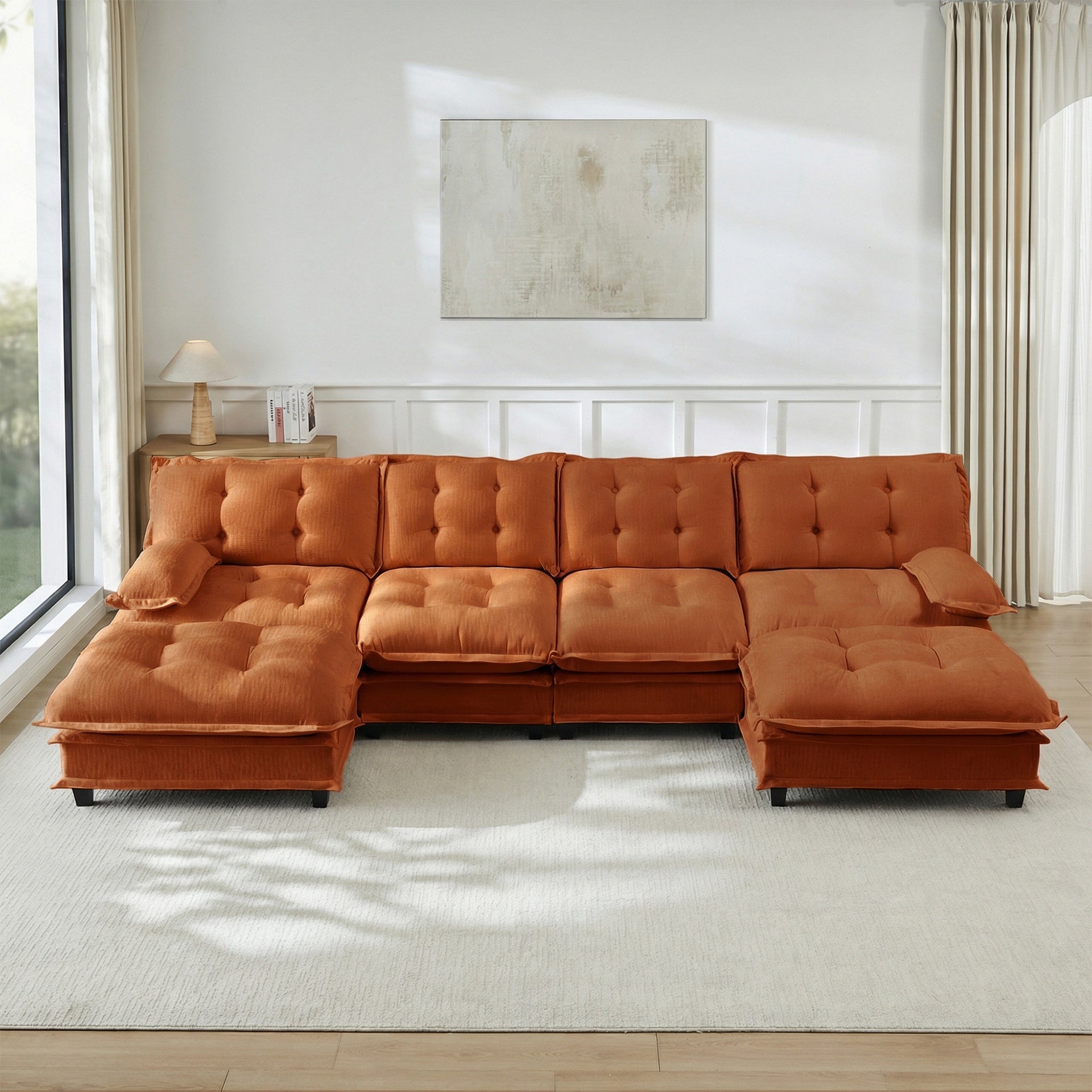 138" U Shaped Modern Sofa Modular Sectional Cloud Couch with  2 Ottomans, 4-Seat Chenille Deep Seat Sofa with Comfy Lattice Decored Seat Cushion, Bedroom and Apartment, Orange
