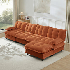 138" L Shaped Modern Sofa Modular Sectional Cloud Couch with Ottoman, 4-Seat Chenille Deep Seat Sofa with Comfy Lattice Decored Seat Cushion, Bedroom and Apartment, Orange