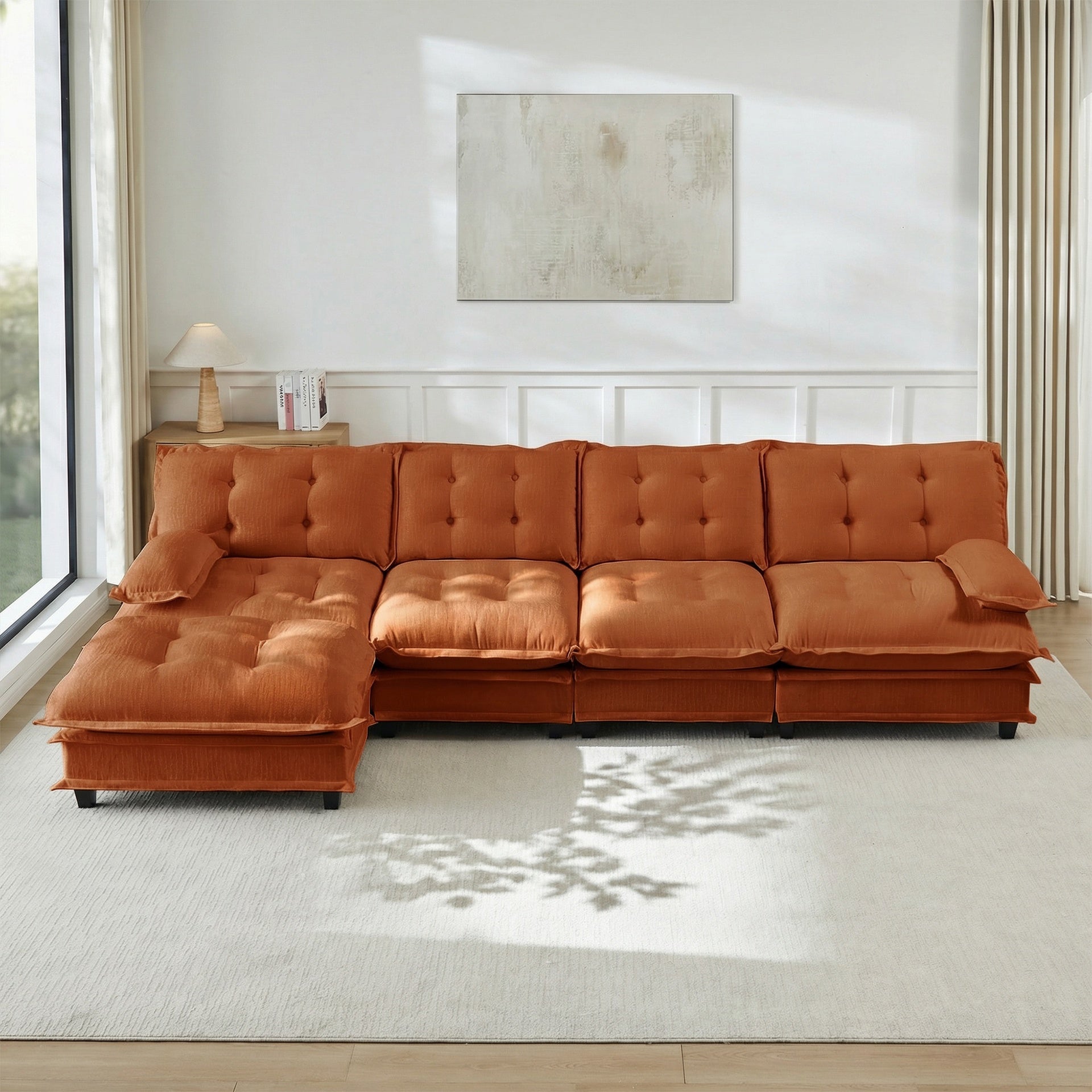 138" L Shaped Modern Sofa Modular Sectional Cloud Couch with Ottoman, 4-Seat Chenille Deep Seat Sofa with Comfy Lattice Decored Seat Cushion, Bedroom and Apartment, Orange