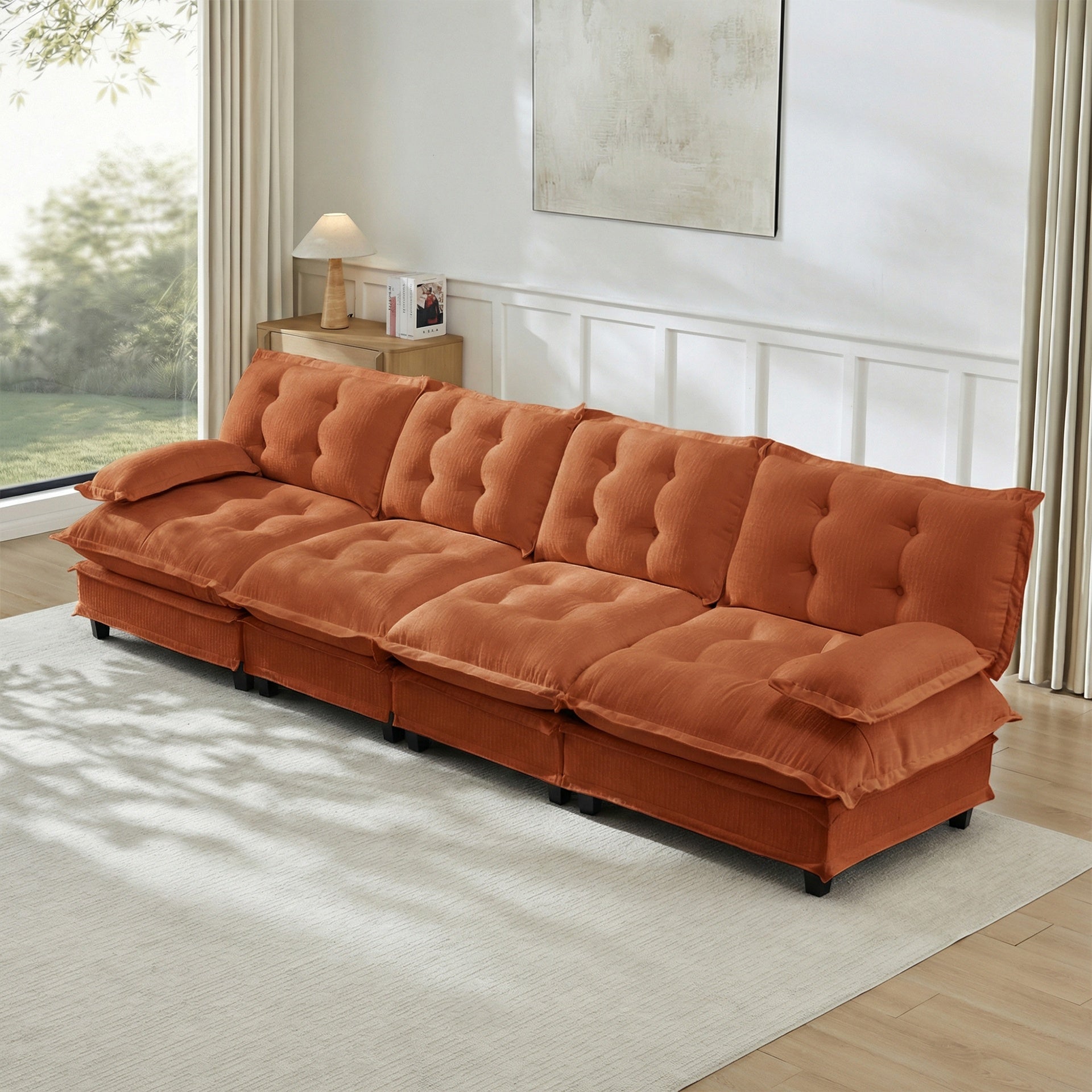 138" 4-Seater Cloud Sofa, Modular Sectional Couch, Modern Deep Seat Sofa for Living Room, Comfy Lattice Decored Seat Cushion, Breathable Chenille Fabric, Orange