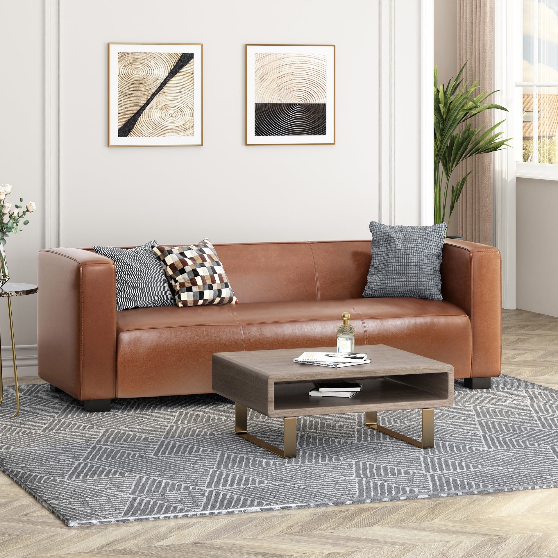 Light Brown Leather Sofa - Modern 3-Seater Living Room Couch with Plush Comfort, 80.25" Wide - Elegant Home Furniture
