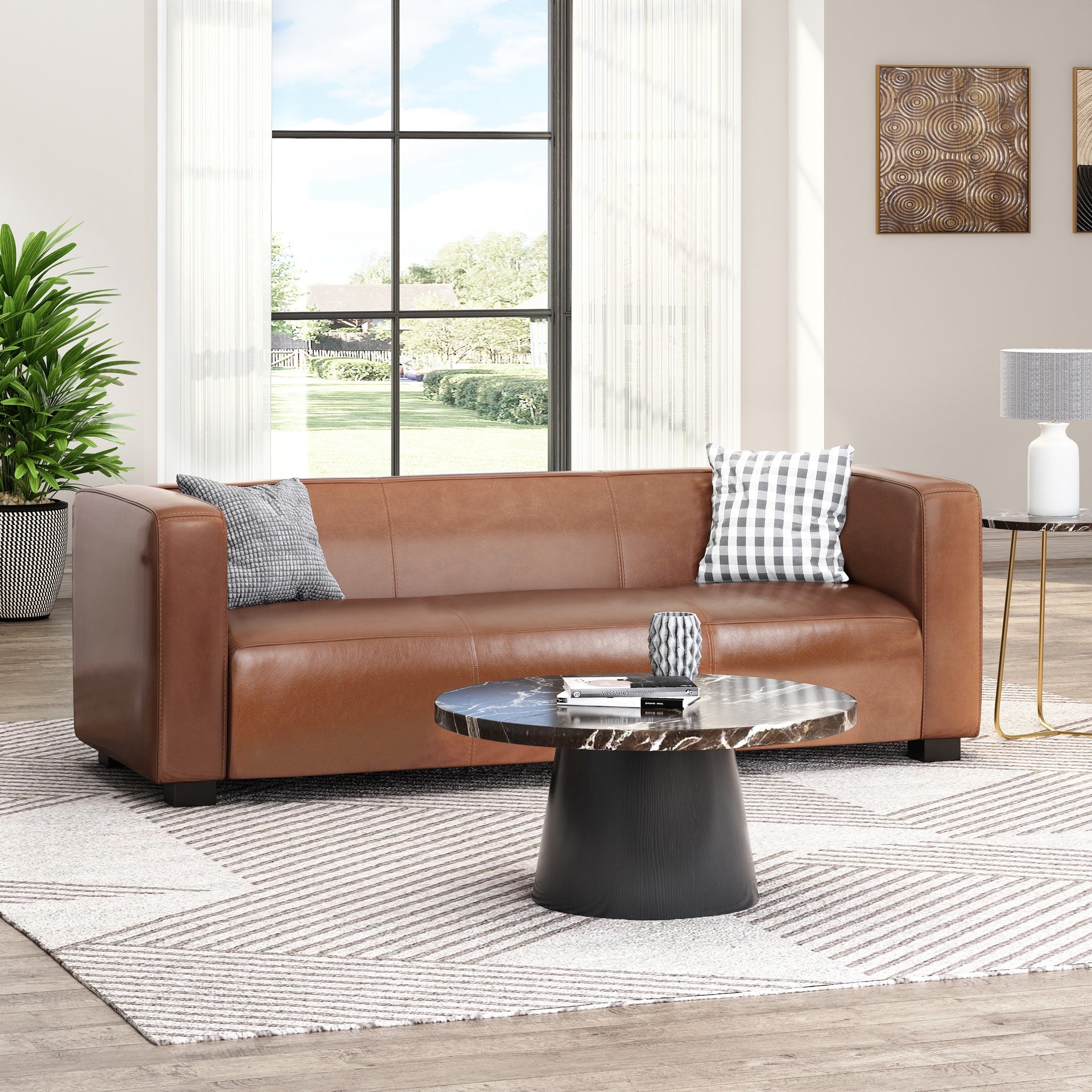 Light Brown Leather Sofa - Modern 3-Seater Living Room Couch with Plush Comfort, 80.25" Wide - Elegant Home Furniture