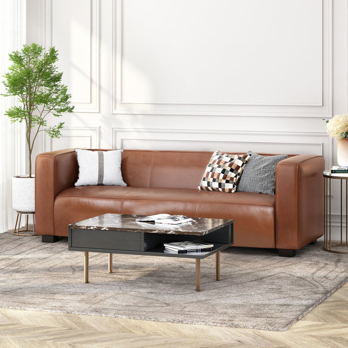 Light Brown Leather Sofa - Modern 3-Seater Living Room Couch with Plush Comfort, 80.25" Wide - Elegant Home Furniture