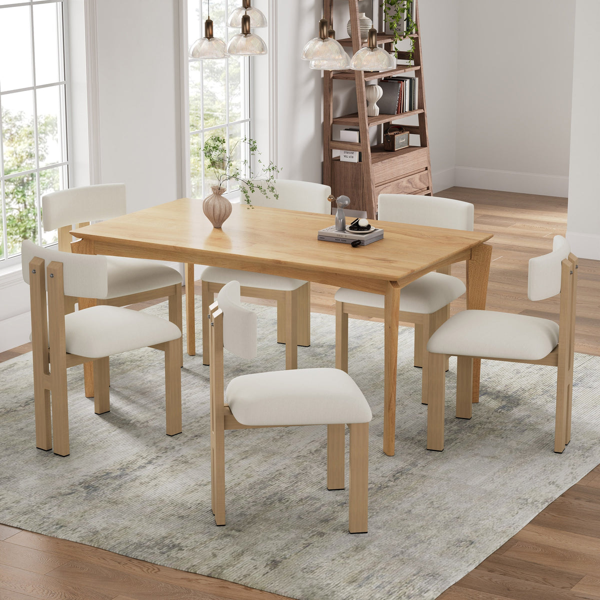 7- Piece Dining Set,Upholstered Armless Dining Chairs With Metal Legs (Set of 6) (Beige) +Wood Dining Table (Natural)