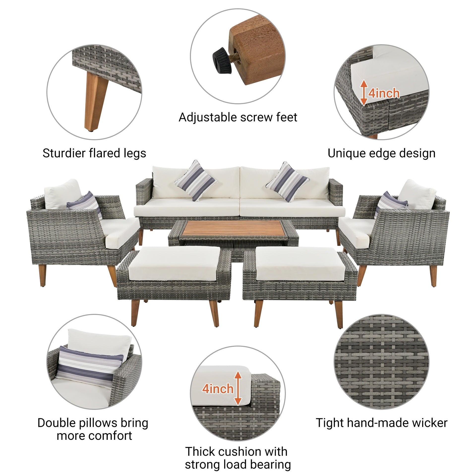 <Old SKU: FG201219AAA> 6-Pieces All Weather PE Wicker Sofa Set, Outdoor Rattan sofa With Double Cushions, Wood Legs Wood Table Top, Beige and Gray