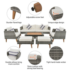 <Old SKU: FG201219AAA> 6-Pieces All Weather PE Wicker Sofa Set, Outdoor Rattan sofa With Double Cushions, Wood Legs Wood Table Top, Beige and Gray