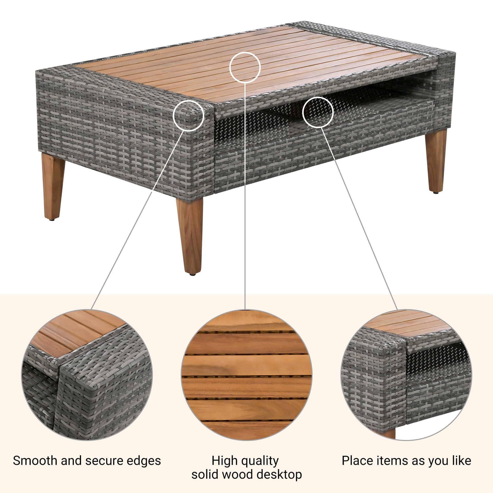 <Old SKU: FG201219AAA> 6-Pieces All Weather PE Wicker Sofa Set, Outdoor Rattan sofa With Double Cushions, Wood Legs Wood Table Top, Beige and Gray