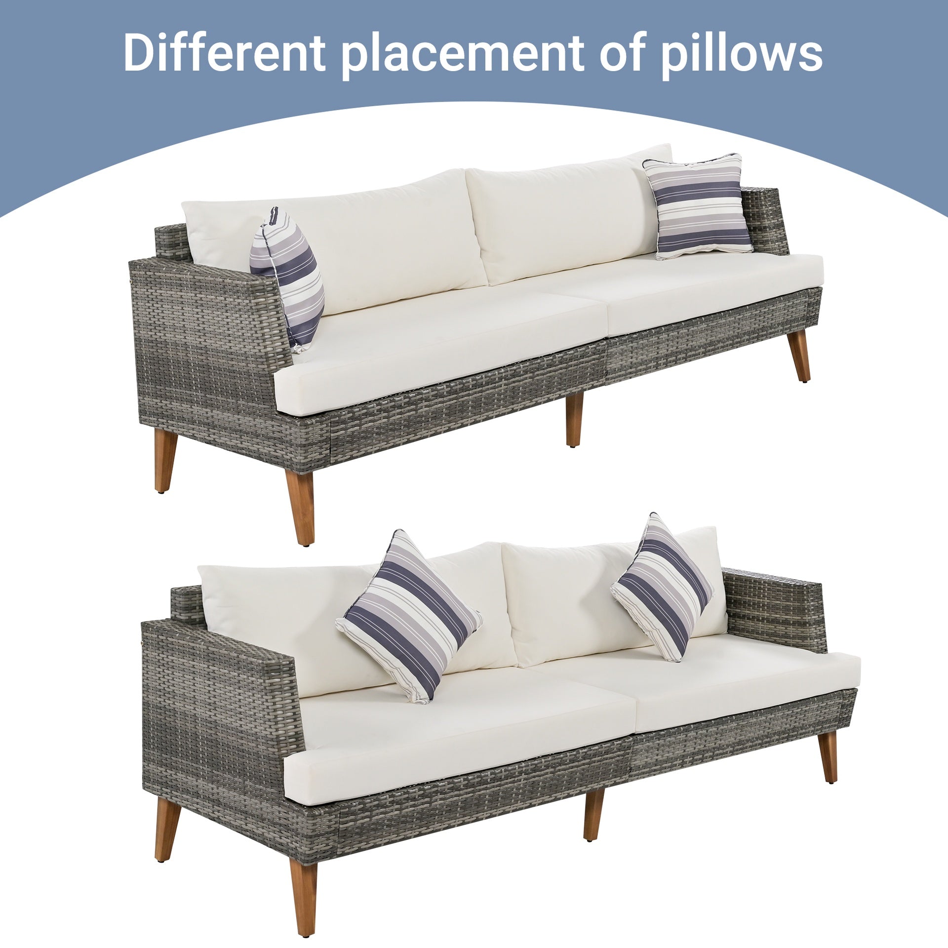 <Old SKU: FG201219AAA> 6-Pieces All Weather PE Wicker Sofa Set, Outdoor Rattan sofa With Double Cushions, Wood Legs Wood Table Top, Beige and Gray