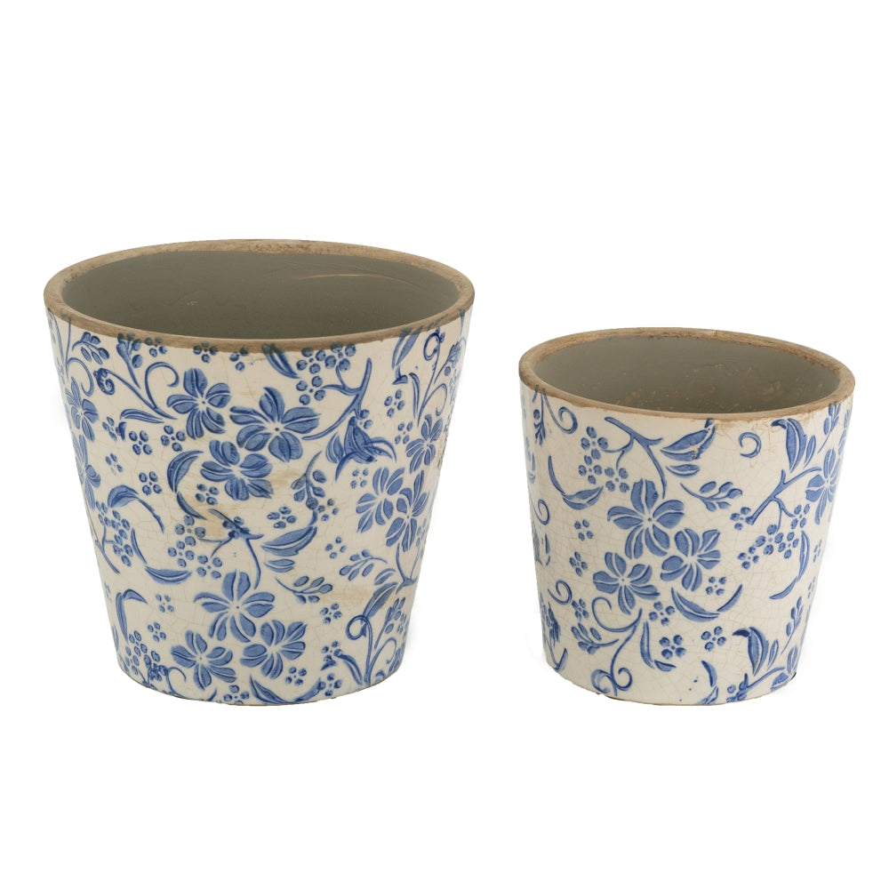 S/2 Blue and White Ceramic Planters with Floral Motif