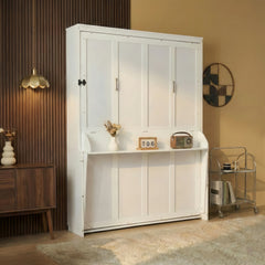 Queen Size Wood Vertical Murphy Bed, Space-Saving Hidden Wall Bed, Wall Bed Cabinet, with Desk, Gas Struts ,White