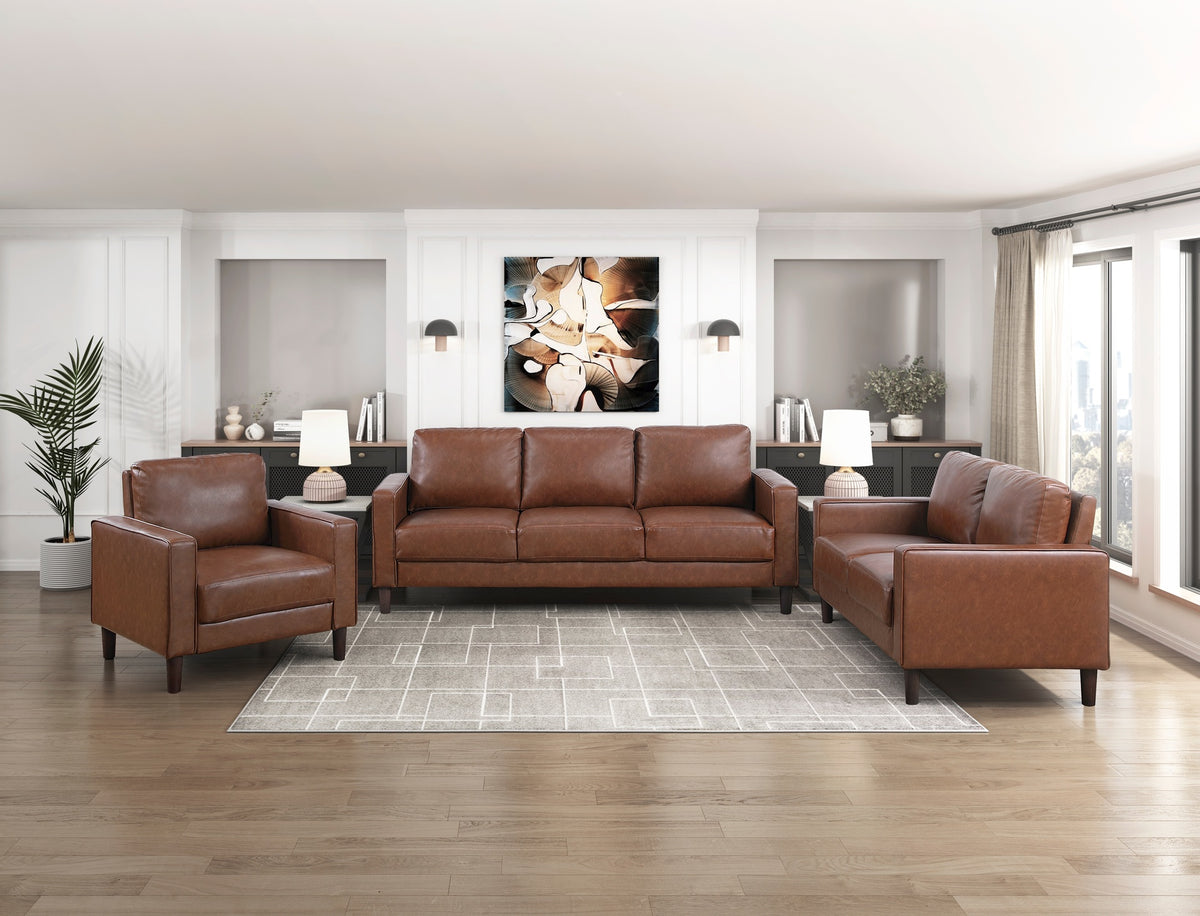 Modern Living Room Furniture 3pc Set Sofa Loveseat Chair Chocolate Faux Leather Upholstered Cushion Back Seat Solid Wood